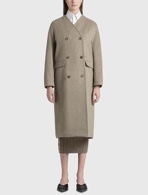 Nothing Written Beige Oatmeal Lambswool Collarless Double Breasted Coat Medium